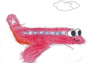 Von einem Kind ausgemaltes Bild eines Rega-Ambulanzflugzeuges mit bunten Farben gestaltet. 