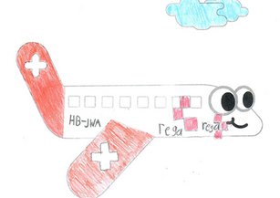 Von einem Kind ausgemaltes Bild eines Rega-Ambulanzflugzeuges mit bunten Farben gestaltet. 
