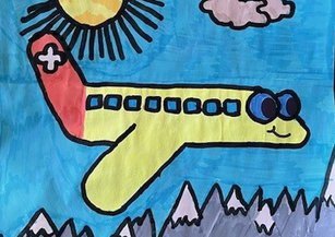 Von einem Kind ausgemaltes Bild eines Rega-Ambulanzflugzeuges mit bunten Farben gestaltet. 
