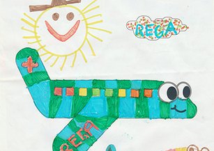Von einem Kind ausgemaltes Bild eines Rega-Ambulanzflugzeuges mit bunten Farben gestaltet. 
