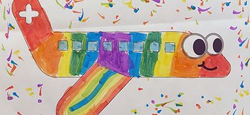 Von einem Kind ausgemaltes Bild eines Rega-Ambulanzflugzeuges mit bunten Farben gestaltet. 