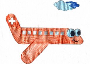 Von einem Kind ausgemaltes Bild eines Rega-Ambulanzflugzeuges mit bunten Farben gestaltet. 