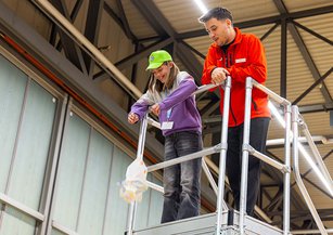 A girl drops an egg from a ladder.