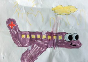 Von einem Kind ausgemaltes Bild eines Rega-Ambulanzflugzeuges mit bunten Farben gestaltet. 