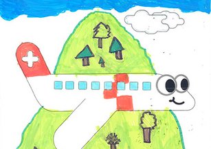 Von einem Kind ausgemaltes Bild eines Rega-Ambulanzflugzeuges mit bunten Farben gestaltet. 